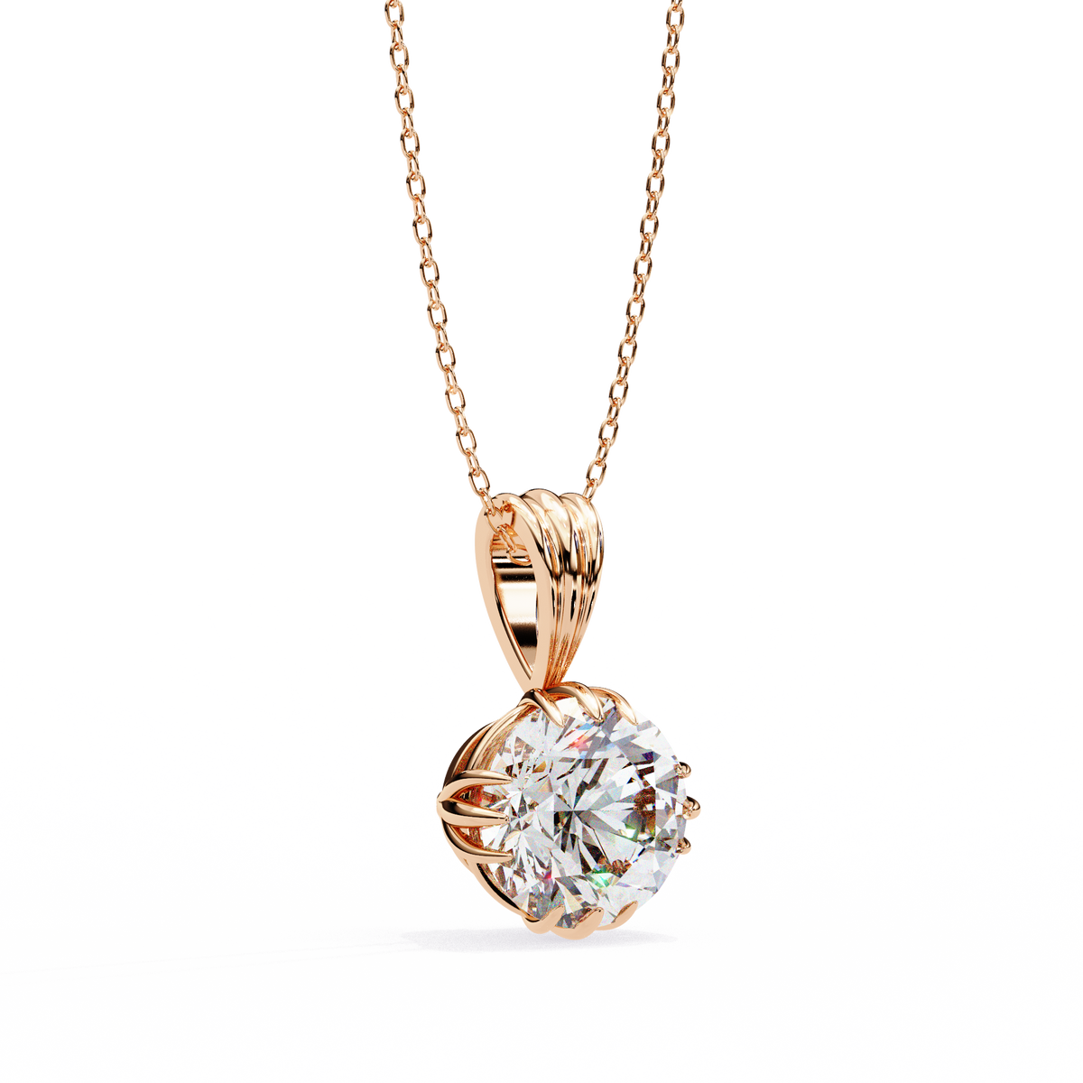 Rose Gold Round Brilliant Diamond Ribbed Bail Solitaire Pendant