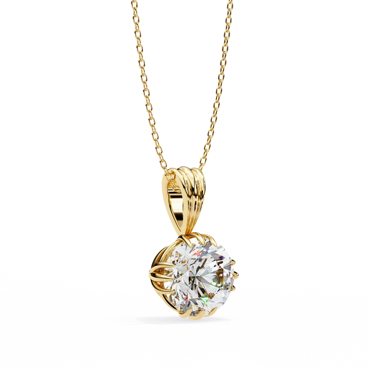 Yellow Gold Round Brilliant Diamond Ribbed Bail Solitaire Pendant