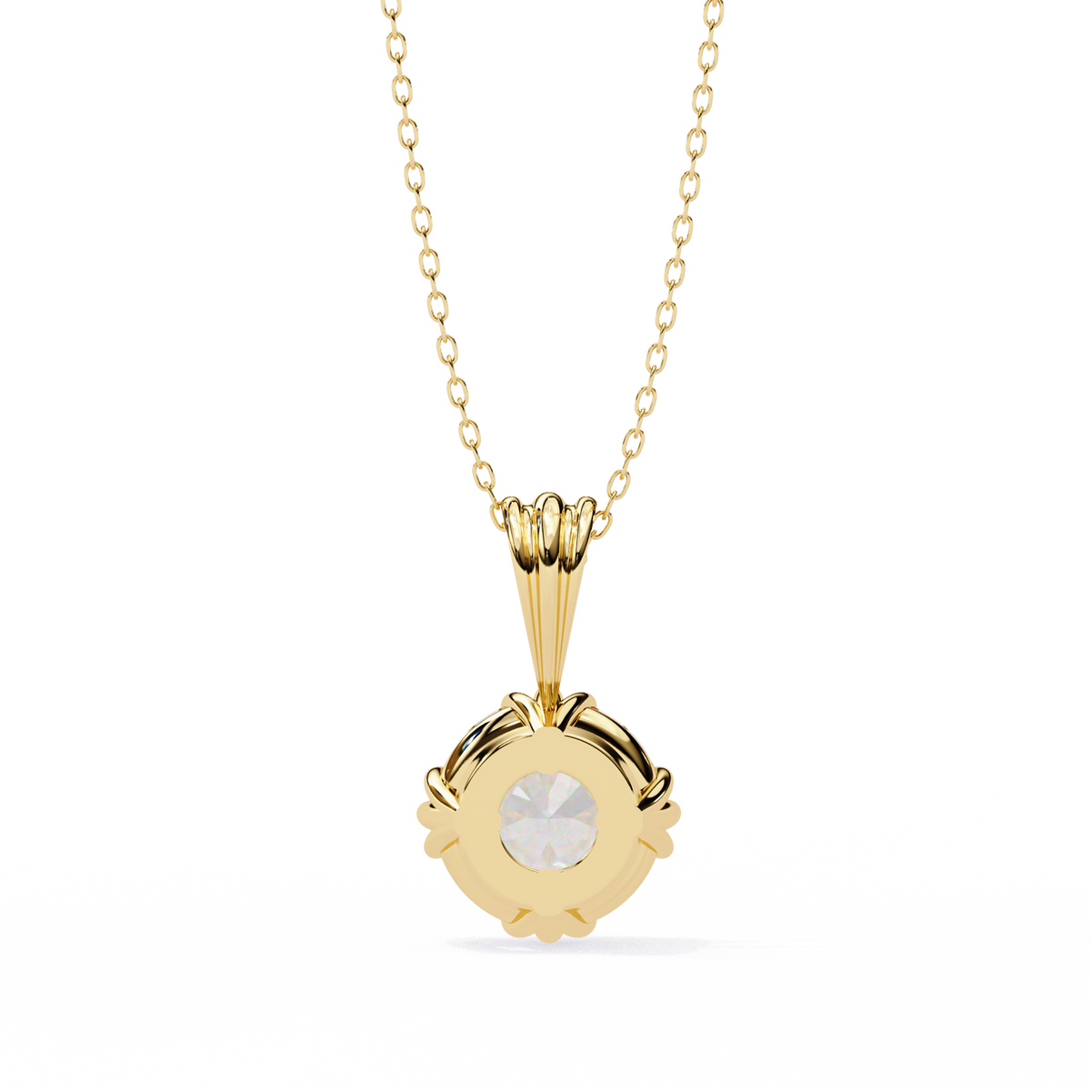Yellow Gold Round Brilliant Diamond Ribbed Bail Solitaire Pendant