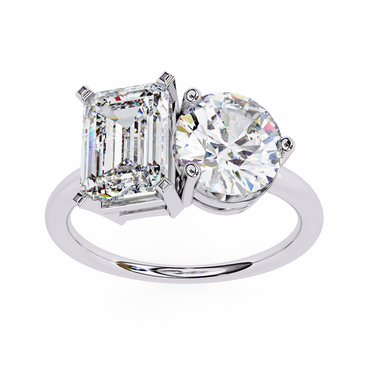 White Gold Toi et Moi Emerald and Round Cut Two Stone Diamond Ring