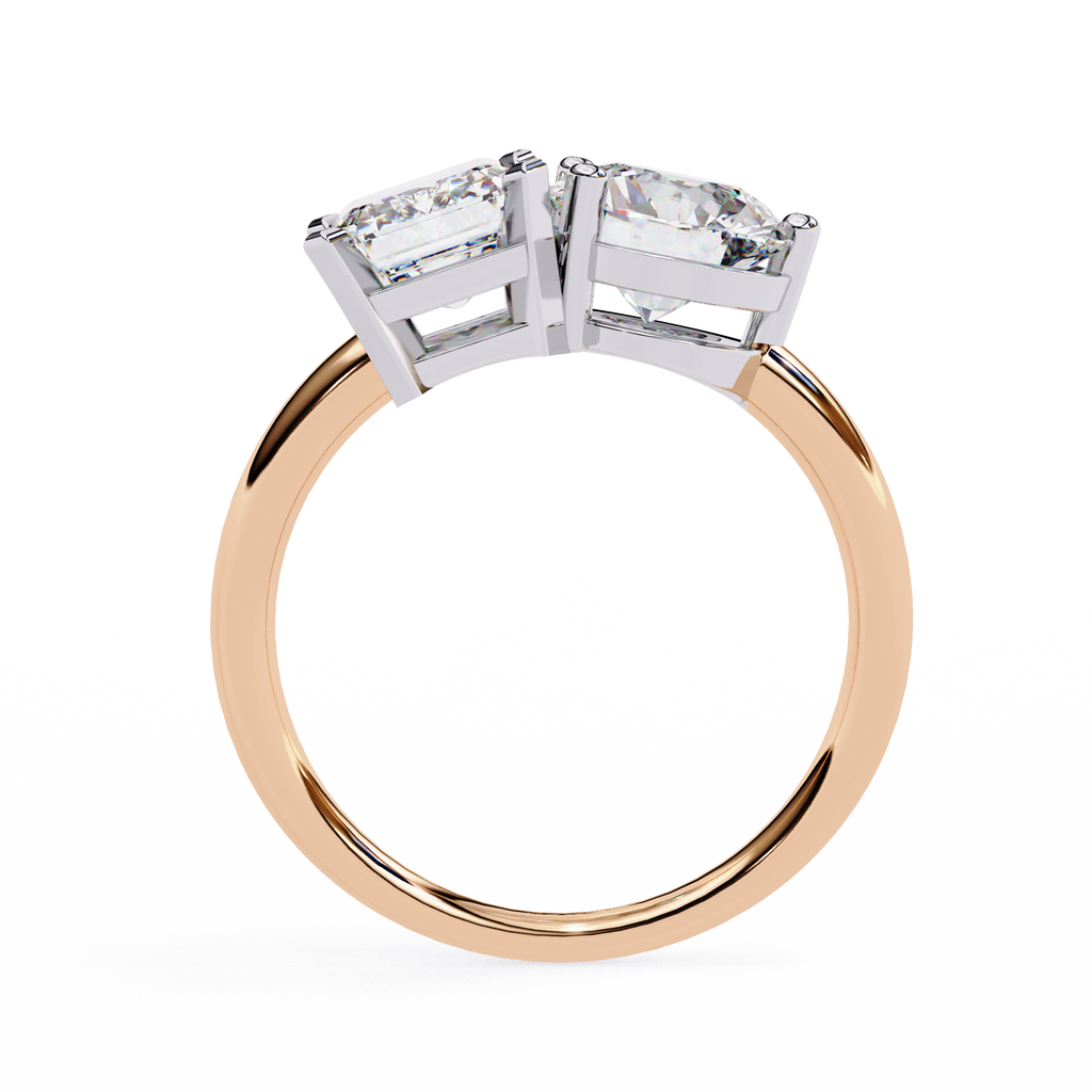 Rose Gold Toi et Moi Emerald and Round Cut Two Stone Diamond Ring