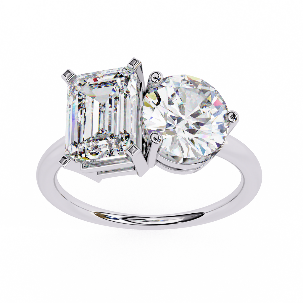 White Gold Toi et Moi Emerald and Round Cut Two Stone Diamond Ring