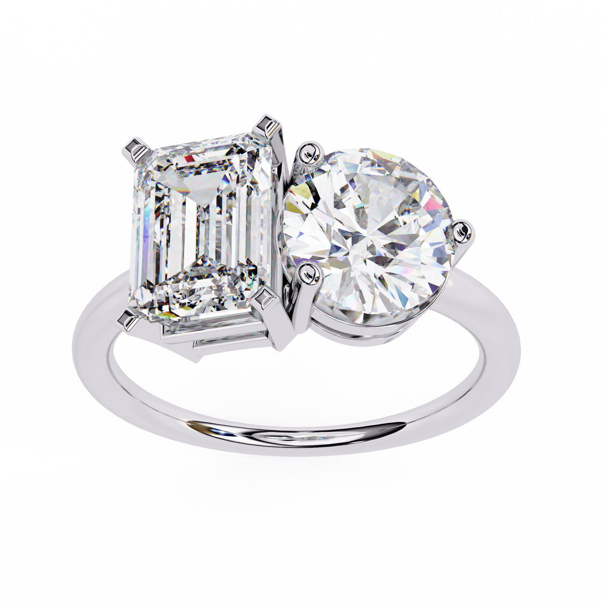 White Gold Toi et Moi Emerald and Round Cut Two Stone Diamond Ring