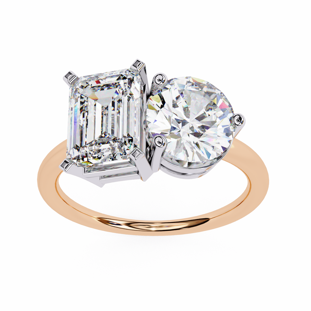 Rose Gold Toi et Moi Emerald and Round Cut Two Stone Diamond Ring