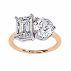 Rose Gold Toi et Moi Emerald and Round Cut Two Stone Diamond Ring