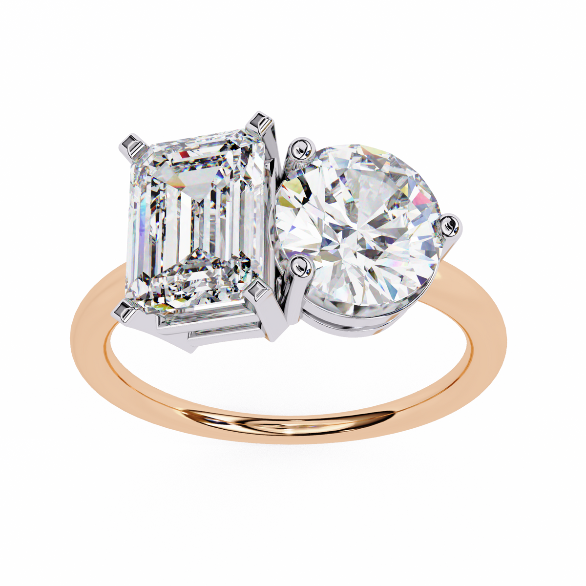 Rose Gold Toi et Moi Emerald and Round Cut Two Stone Diamond Ring