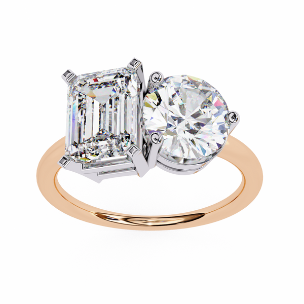 Rose Gold Toi et Moi Emerald and Round Cut Two Stone Diamond Ring