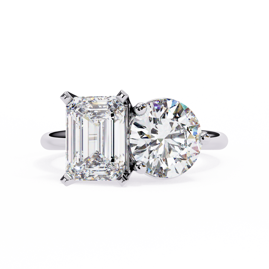 White Gold Toi et Moi Emerald and Round Cut Two Stone Diamond Ring