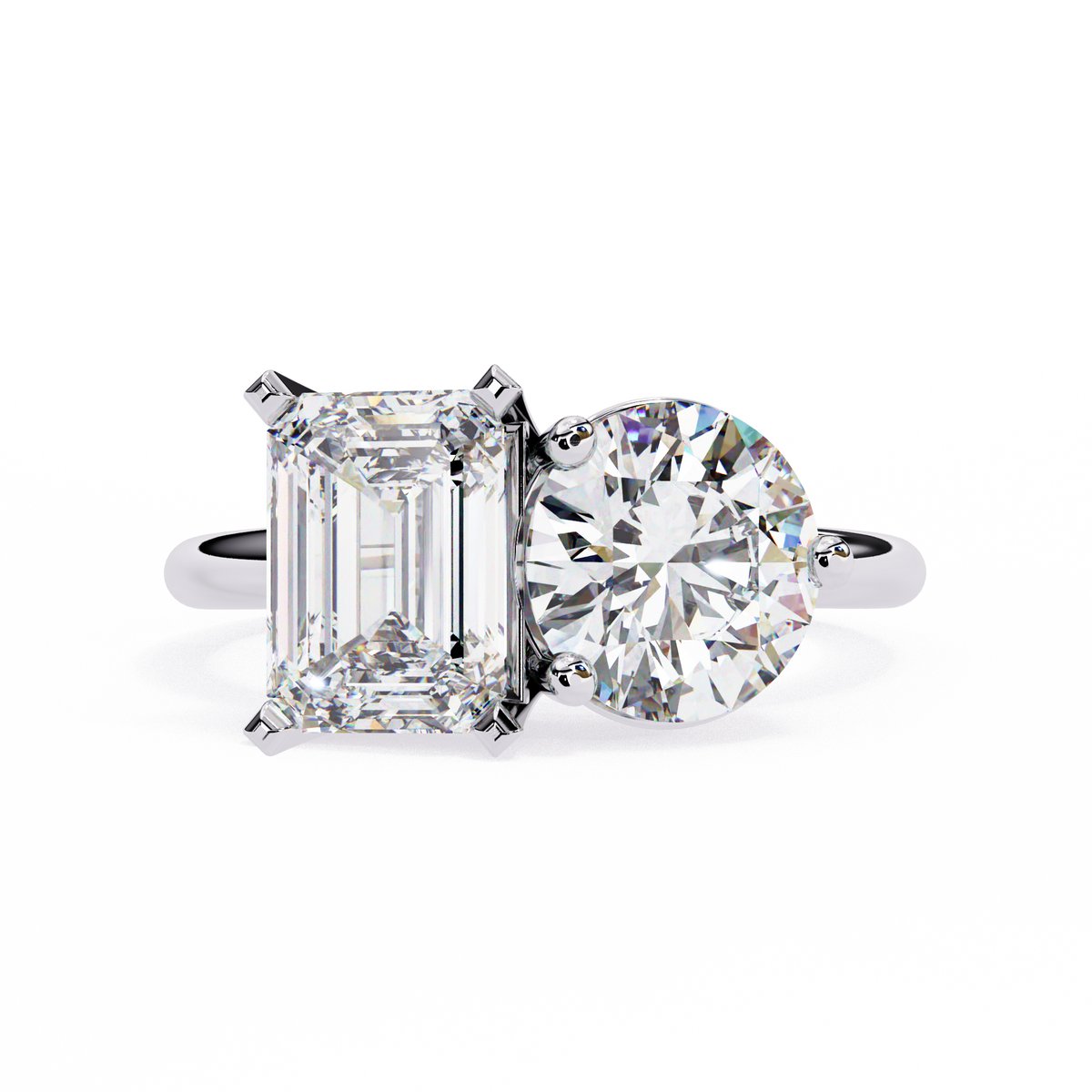 White Gold Toi et Moi Emerald and Round Cut Two Stone Diamond Ring