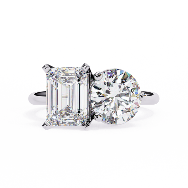 White Gold Toi et Moi Emerald and Round Cut Two Stone Diamond Ring
