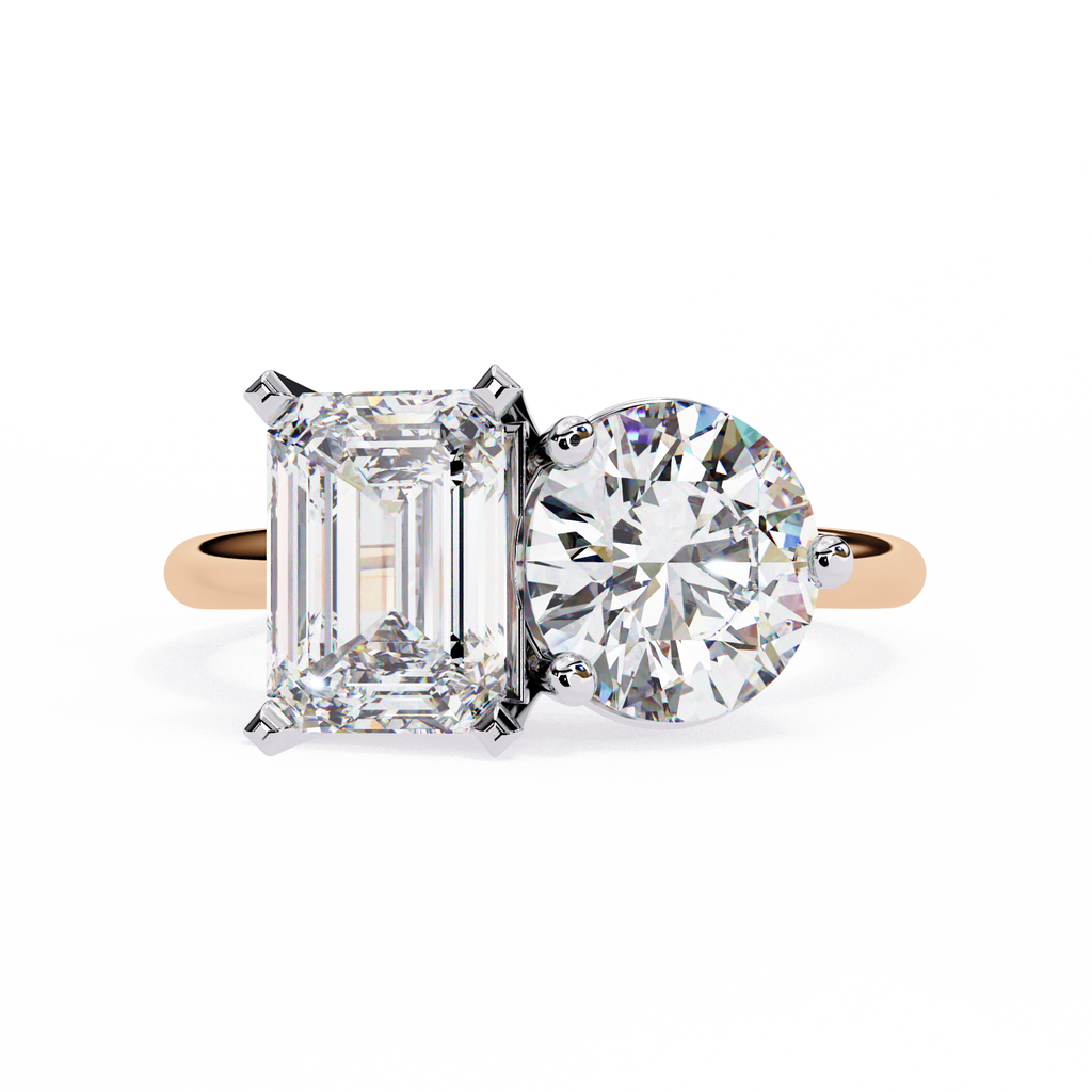 Rose Gold Toi et Moi Emerald and Round Cut Two Stone Diamond Ring
