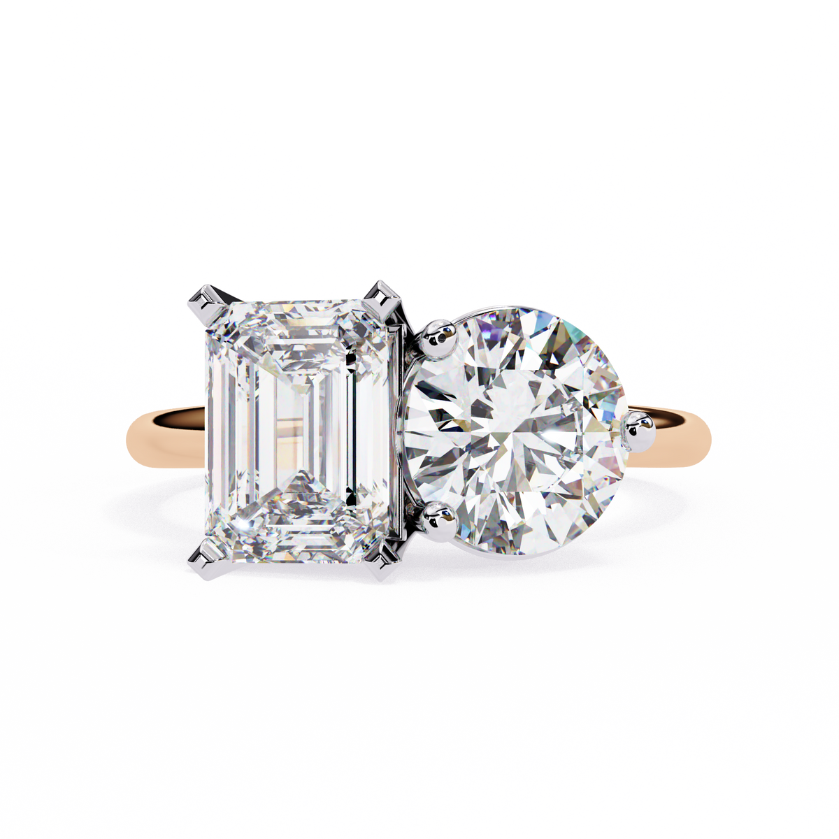 Rose Gold Toi et Moi Emerald and Round Cut Two Stone Diamond Ring