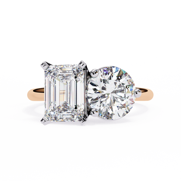 Rose Gold Toi et Moi Emerald and Round Cut Two Stone Diamond Ring