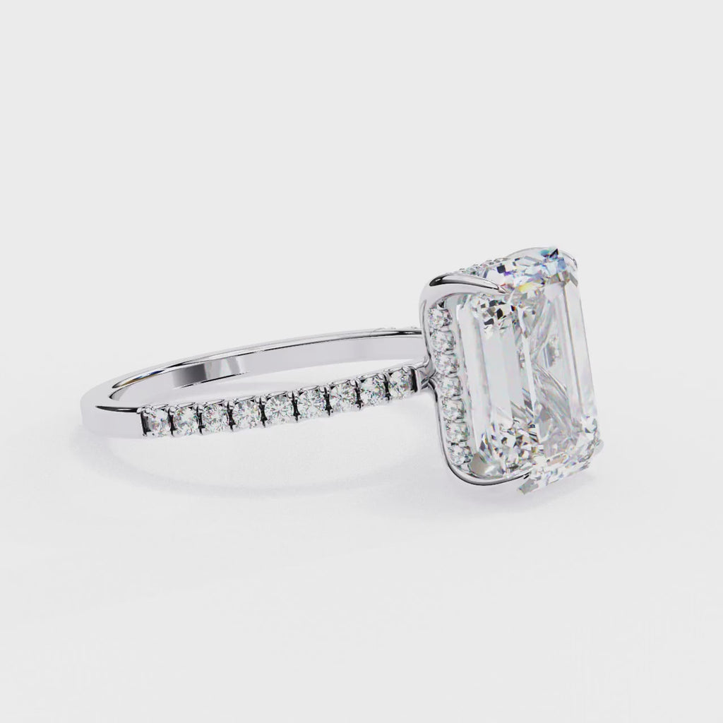 White Gold Emerald-Cut Diamond Solitaire Pavé Engagement Ring