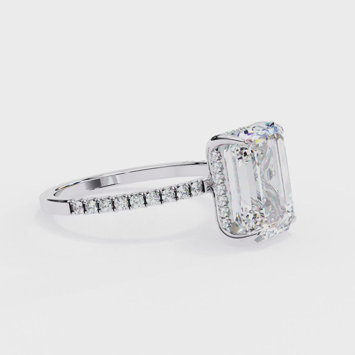 White Gold Emerald-Cut Diamond Solitaire Pavé Engagement Ring