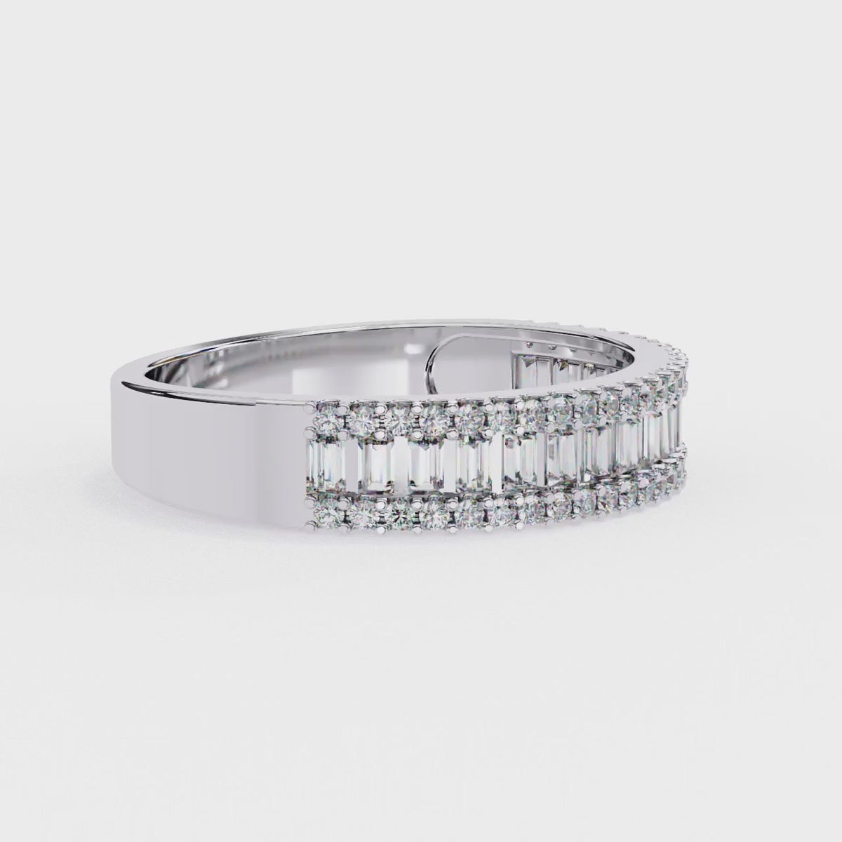 White Gold Baguette & Round Diamond Three-Row Half Eternity Band Ring