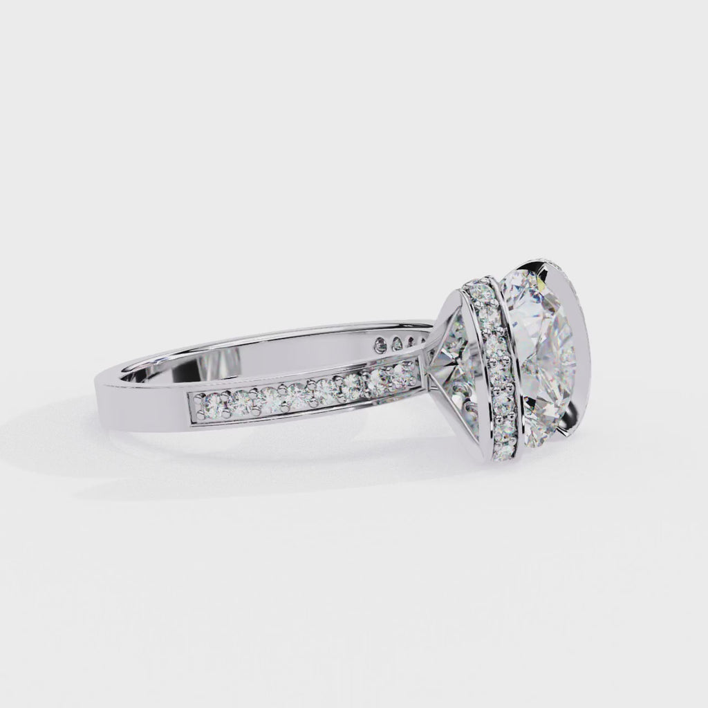 White Gold Cushion Cut Diamond Ring with Vertical Pavé Side Panels