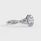 White Gold Oval Cut Diamond Halo Ring with Marquise Accents and Twisted Pavé Band