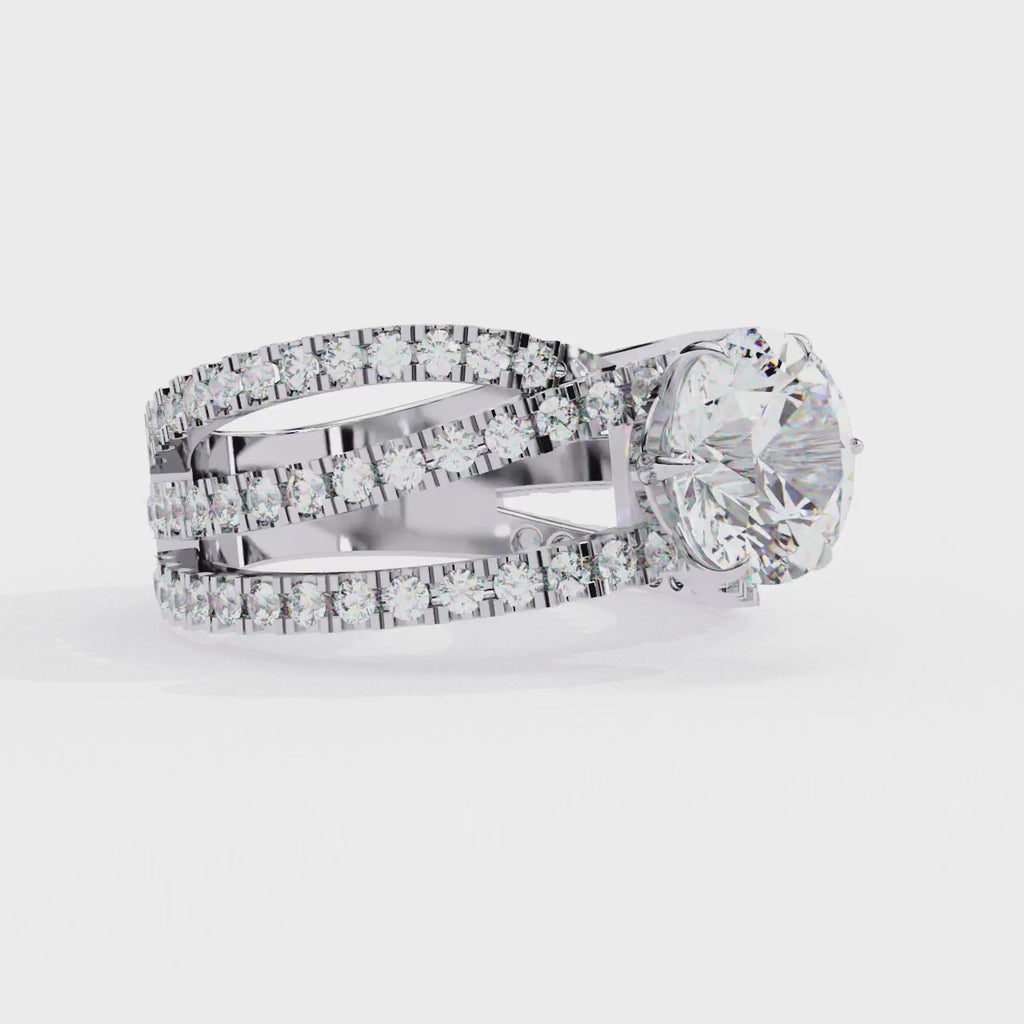 White Gold Round Brilliant Diamond Ring with Triple Split Pavé Crossover Band