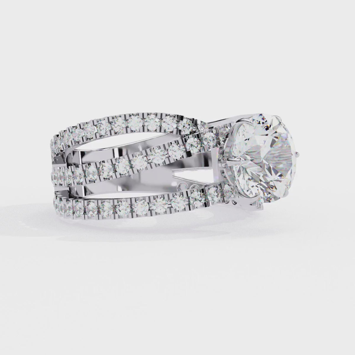 White Gold Round Brilliant Diamond Ring with Triple Split Pavé Crossover Band