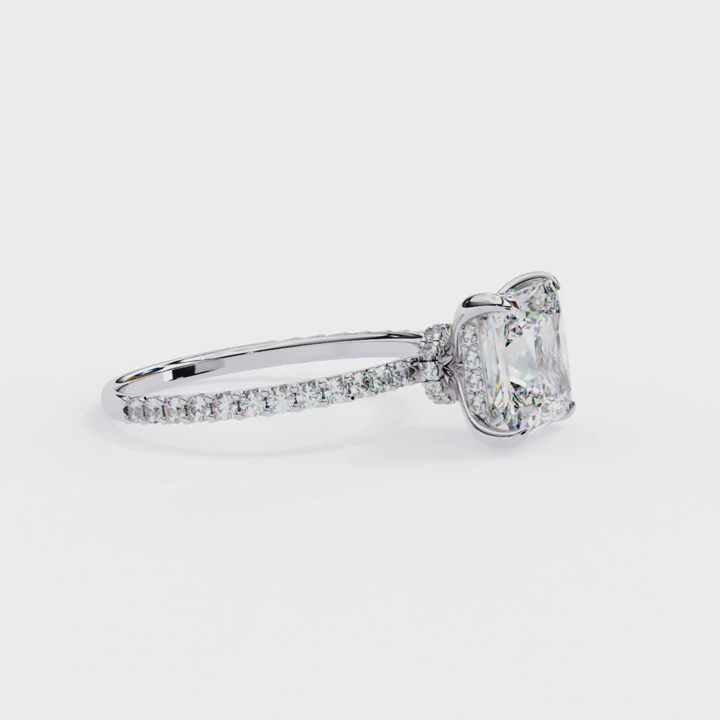 White Gold Princess Cut Diamond Ring with Hidden Halo and Pavé Band