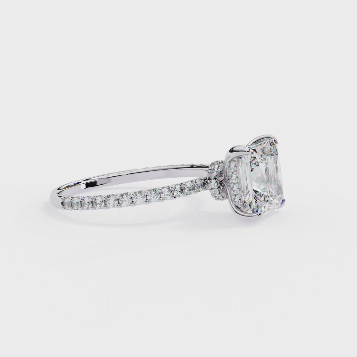 White Gold Princess Cut Diamond Ring with Hidden Halo and Pavé Band