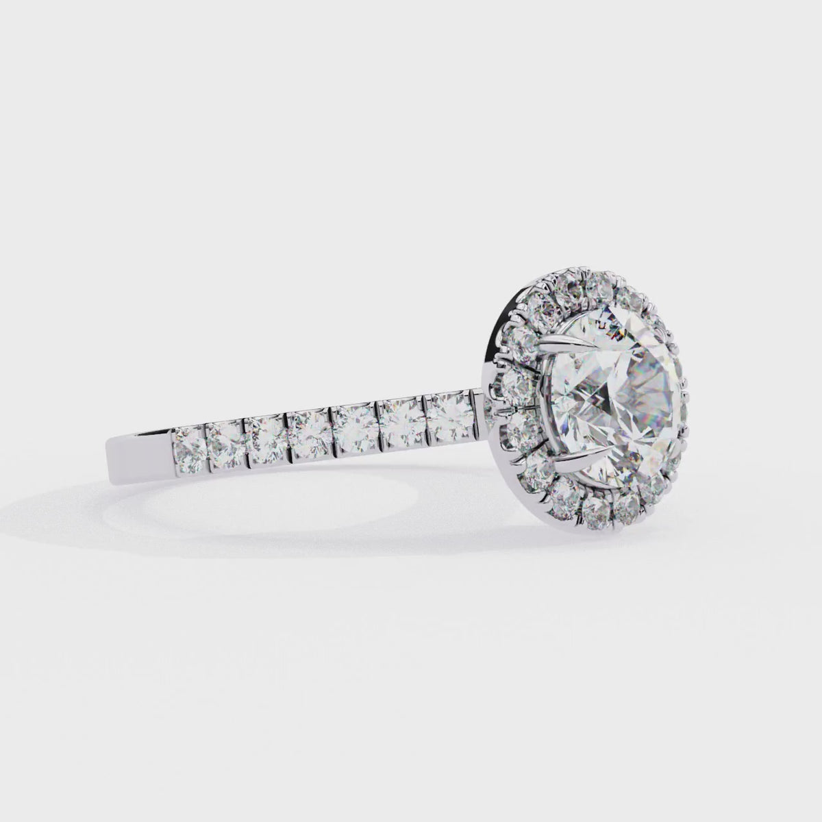 White Gold Round Brilliant Diamond Halo Ring with Pavé Band
