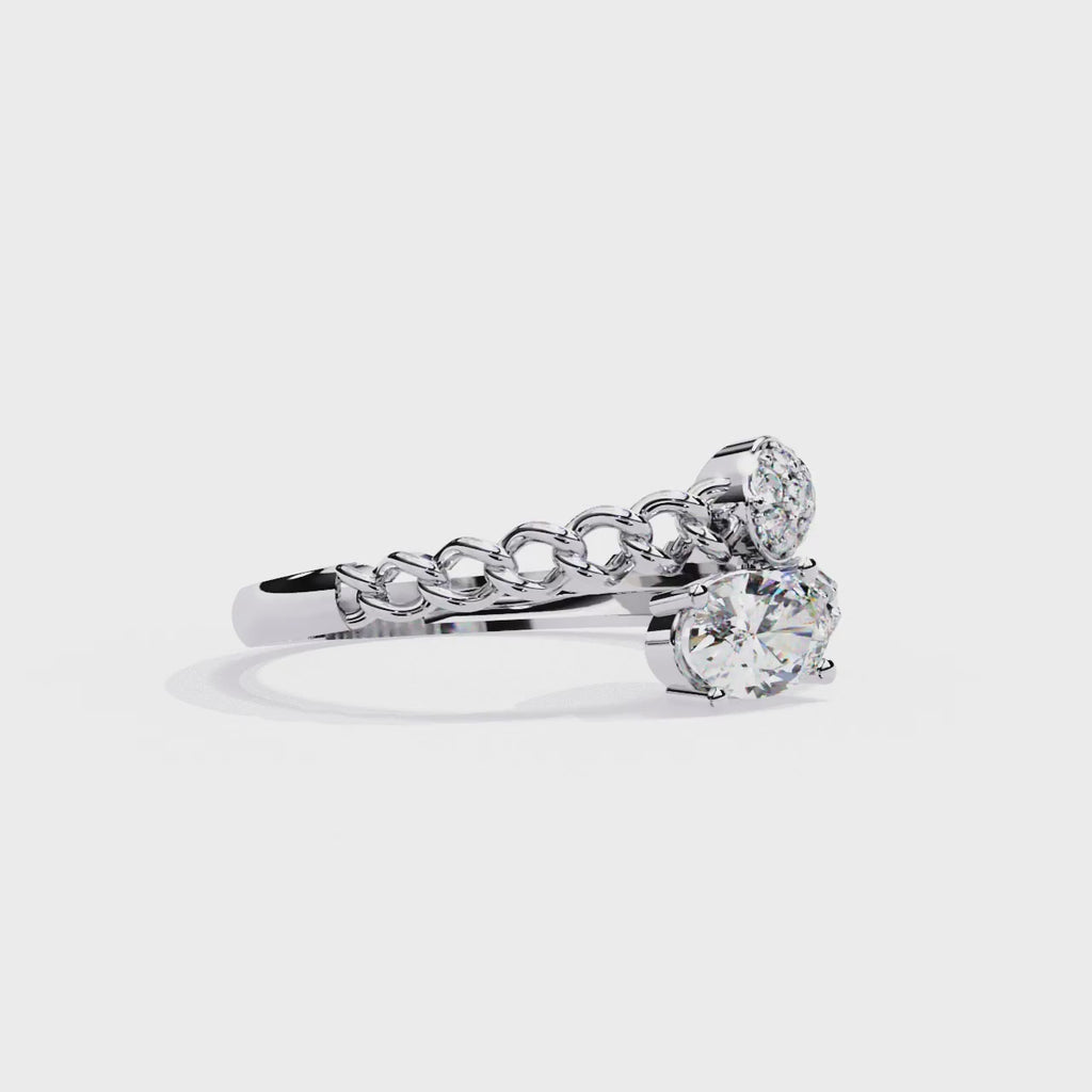 Gold Oval Diamond Toi et Moi Ring with Pavé Cluster and Curb Link