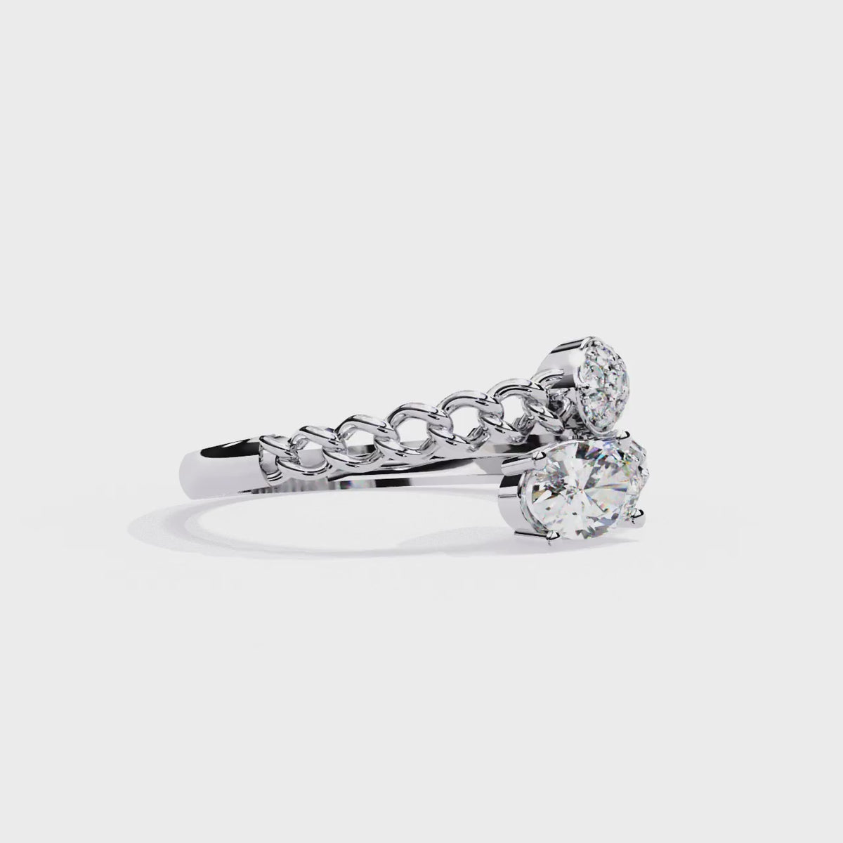 Gold Oval Diamond Toi et Moi Ring with Pavé Cluster and Curb Link