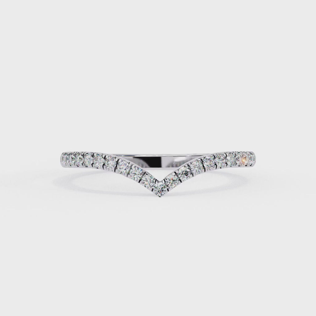 White Gold Round Diamond Chevron V-Shape Pavé Band Ring