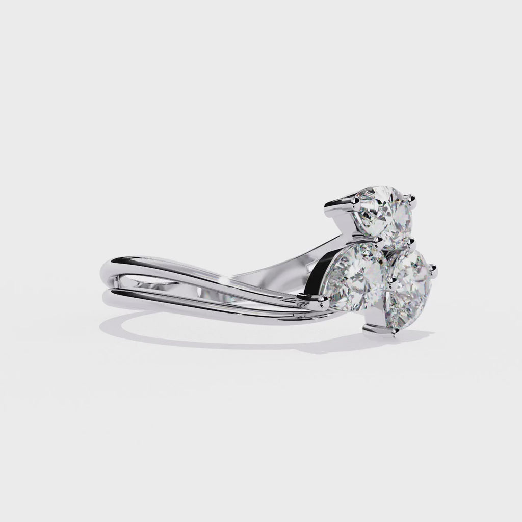 Gold Three Stone Pear Diamond Cluster Ring on Open Split Band
