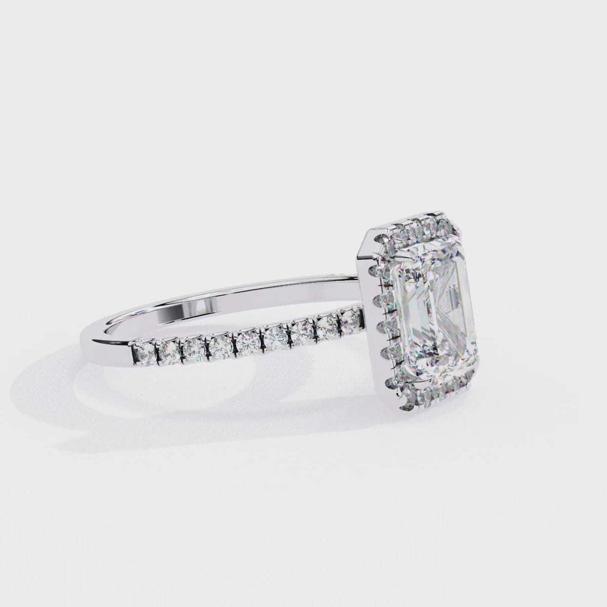 White Gold Emerald-Cut Diamond Halo Pavé Engagement Ring