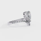 White Gold Pear Cut Diamond Crown Ring with Marquise Accent and Pavé Chevron Band