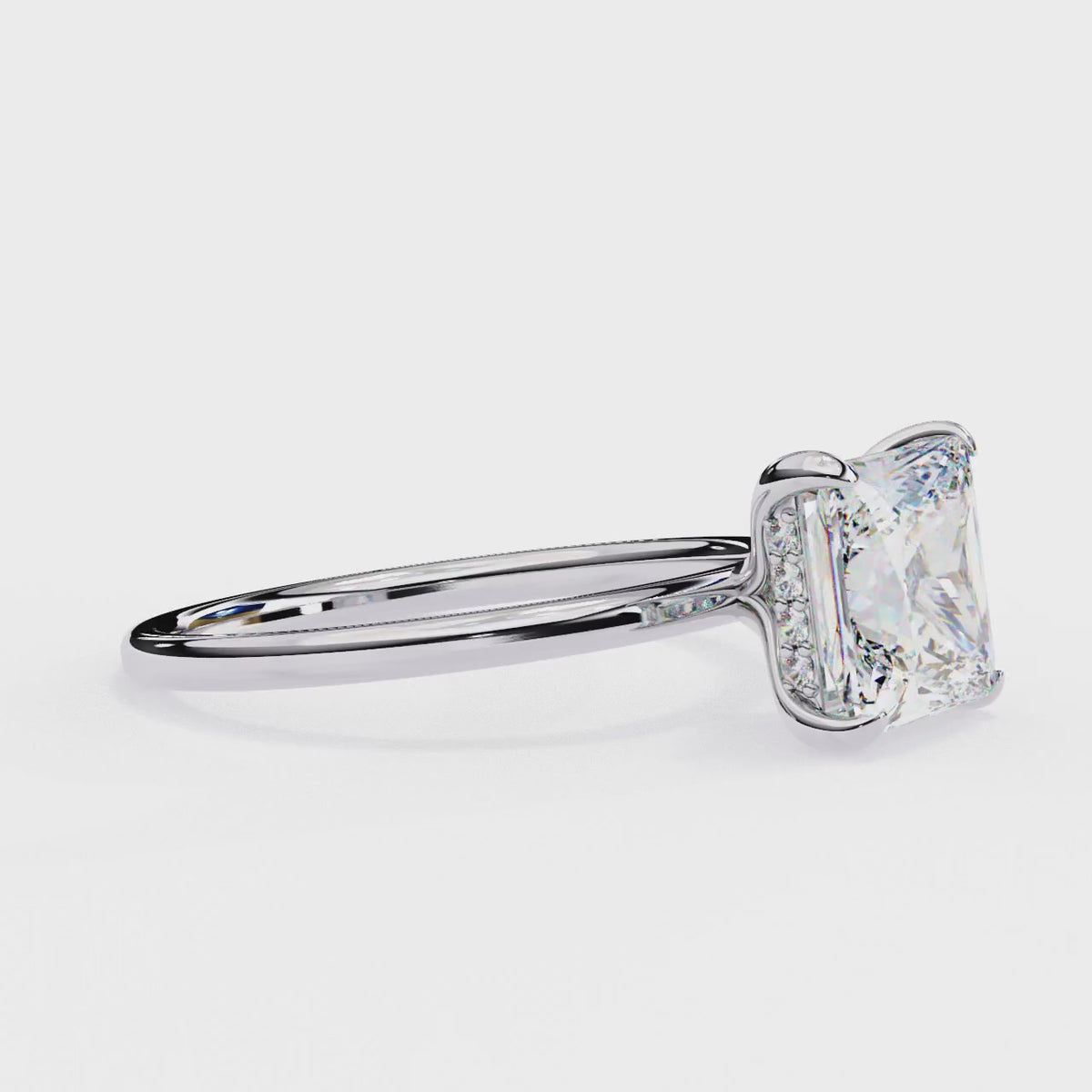 White Gold Princess Cut Diamond Solitaire Ring with Hidden Halo