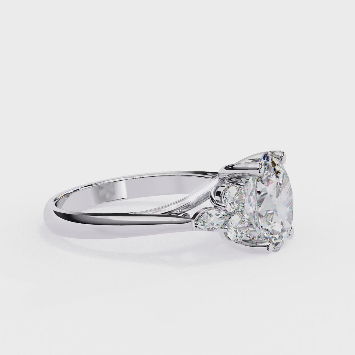 White Gold Oval Cut Diamond Cluster Ring with Marquise and Round Side Stones