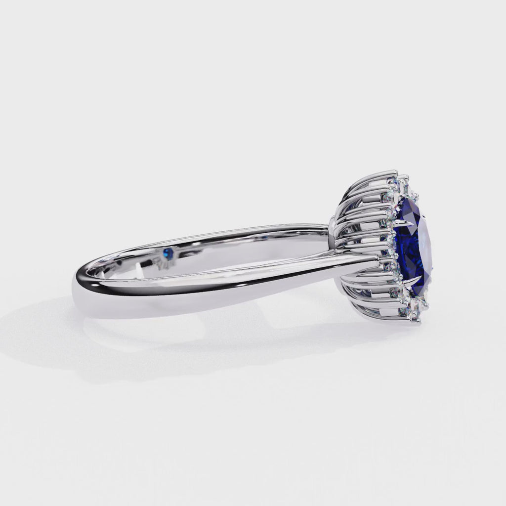 White Gold Oval Blue Sapphire Ring with Diamond Halo