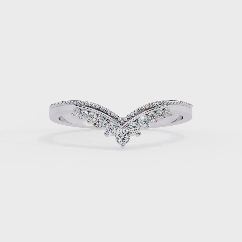 White Gold Round Diamond Crown Tiara Milgrain Band Ring