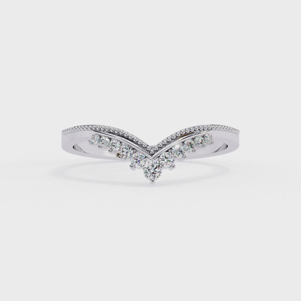 White Gold Round Diamond Crown Tiara Milgrain Band Ring