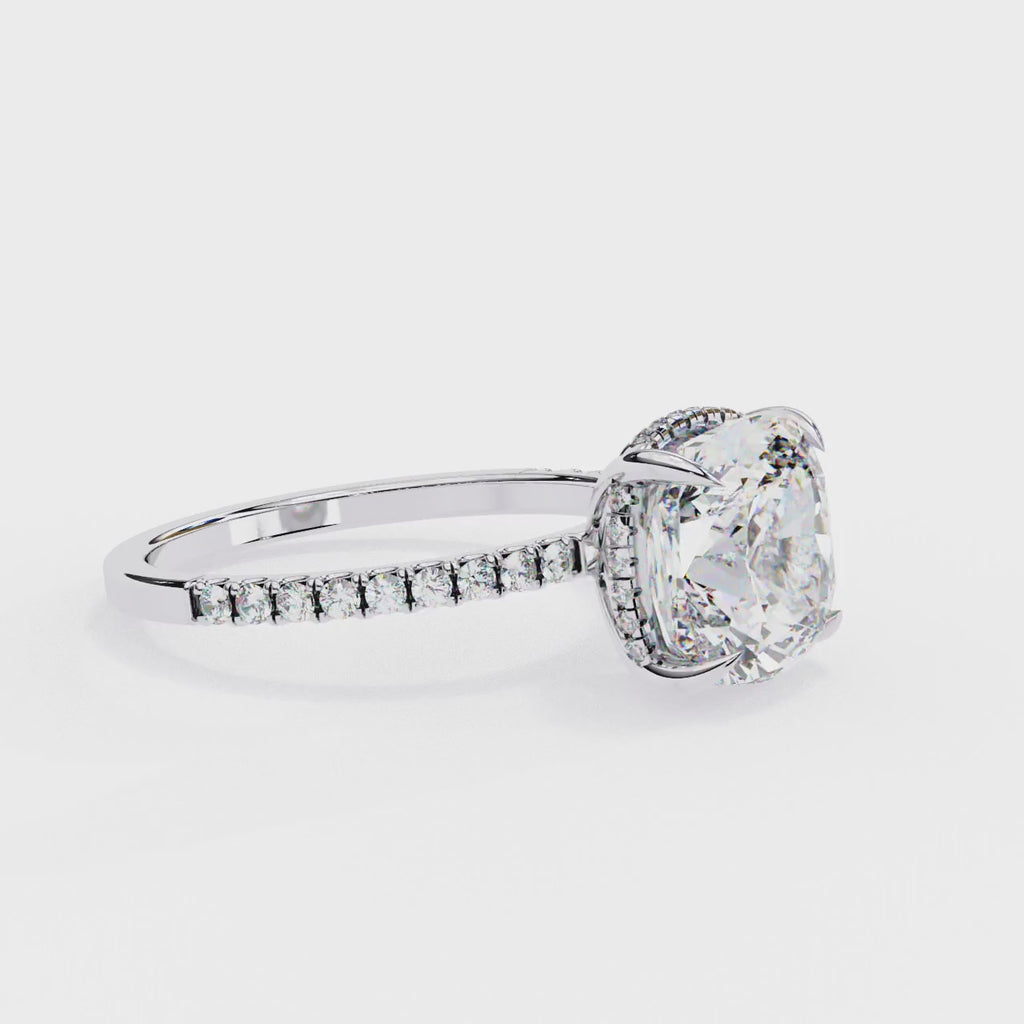 White Gold Cushion-Cut Diamond Solitaire Pavé Engagement Ring