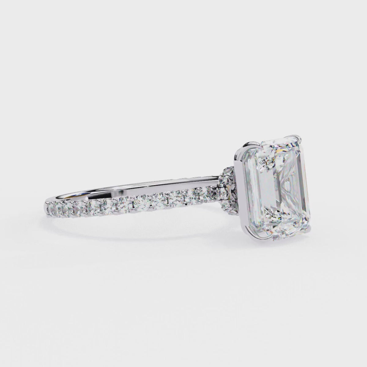 White Gold Emerald-Cut Diamond Solitaire Pavé Engagement Ring